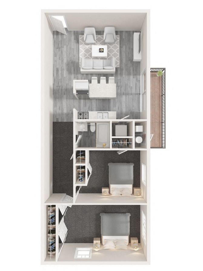 Floor plan for 2 beds, 1 bath, 935 sqft
